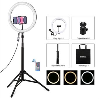 PULUZ PKT3076B 11.8-inch 30cm RGBW Light + 1.65m Mount RGBW Dimmable LED Ring Light Live Broadcast Kits with Tripod & Phone Clamp & Remote Control