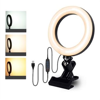 6 Inch 3-color Adjustable 360-degree Rotating Ring Light Desktop Computer Video Conference Fill Light Live-stream Photography Light with Clamp
