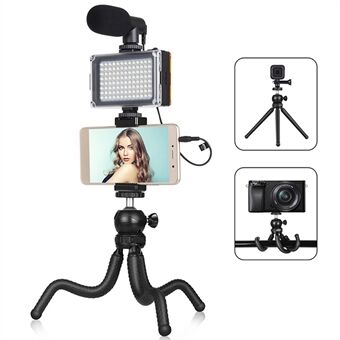 PULUZ PKT3094B Flexible Octopus Tripod Phone Camera Holder Live Streaming Tools Kit with Fill Light Microphone