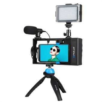 PULUZ PKT3121L Bluetooth Handheld Vlogging Live Broadcast LED Selfie Light Kit with Camera Cage + Microphone + Adapter Mount + Tripod Stand